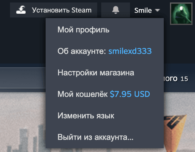Steam hesab menyusu: «Об аккаунте: smilexd333» bəndi logindir, yuxarıdakı Smile adı nikneymdir